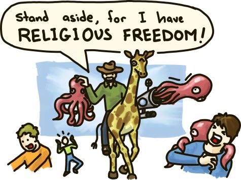 A man riding a giraffe shoots octopi at pedestrians, shouting 'Stand aside, for I have religious freedom!'