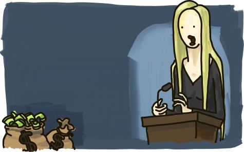 Ann Coulter giving a speech with bags of money in the corner.