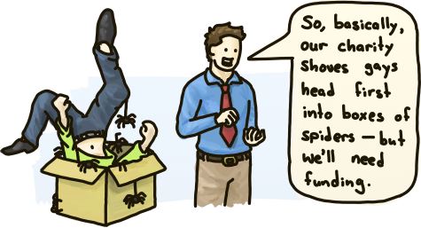 The box of spiders returns! A man asks for charity status for his organization which shoves gays head first into boxes of spiders.