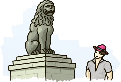 Dr. Flamingo Jones stands beside the Lion of Chaironeia.