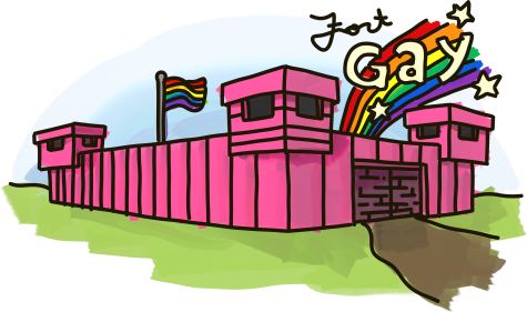 A pink fort with a rainbow and the words Fort Gay