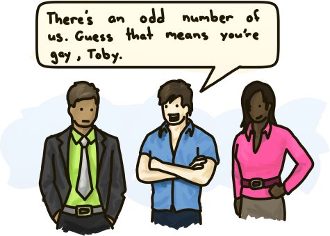 There's an odd number of us. Guess there means you're gay, Toby!