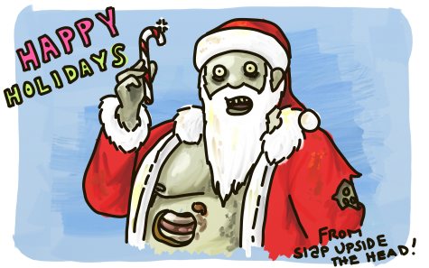 Zombie Santa holding a candy cane.