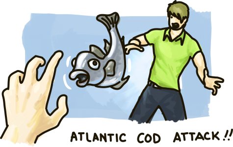 An atlantic cod is hurled at a terrified young man.