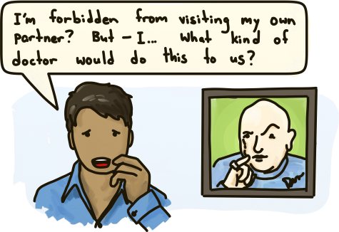 A man wonders what kind of doctor would forbid him from visiting his partner in the hospital. In the corner, a picture of Doctor Evil hangs on the wall.