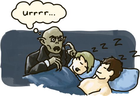 Nosferatu hesitates over a sleeping gay couple.