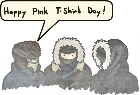 Three students, bundled beyond recognition in winter gear, celebrate Pink Shirt Day