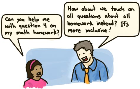 A student asks for help with a specific math question. The teacher suggests to touch on all questions about all homework instead because it's more inclusive.