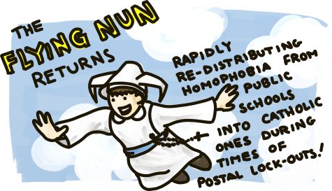 The Flying Nun Returns: Rapidly redistributing homophobia from public schools into Catholic ones during times of postal lock-outs!