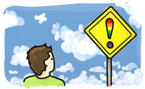 A man stares at a rainbow warning sign.