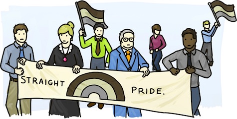 People in traditional and business attire, hold a Straight Pride banner, featuring a brown, beige, and grey rainbow.