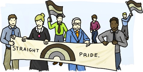 Can't wait. People in traditional and business attire, hold a Straight Pride banner, featuring a brown, beige, and grey rainbow.