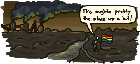 A man plants a rainbow flag in a disgusting tar sands pit.