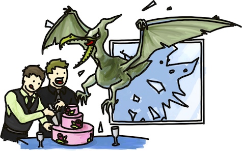 Ruining an otherwise perfect wedding, a pterodactyl crashes through the window just as the cake is being cut.