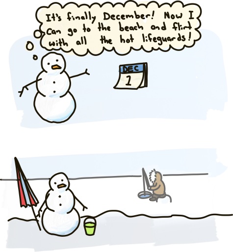 A snowman turns the page of a calendar:
