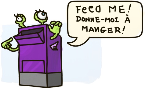 A purple mailbox monster asks to be fed in both of Canada's official languages.