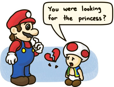 Mario stands beside a heartbroken Toad, who asks: