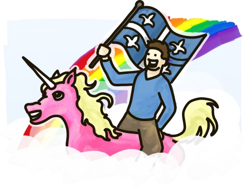 A man rides a pink unicorn through the clouds carrying a Quebec flag.