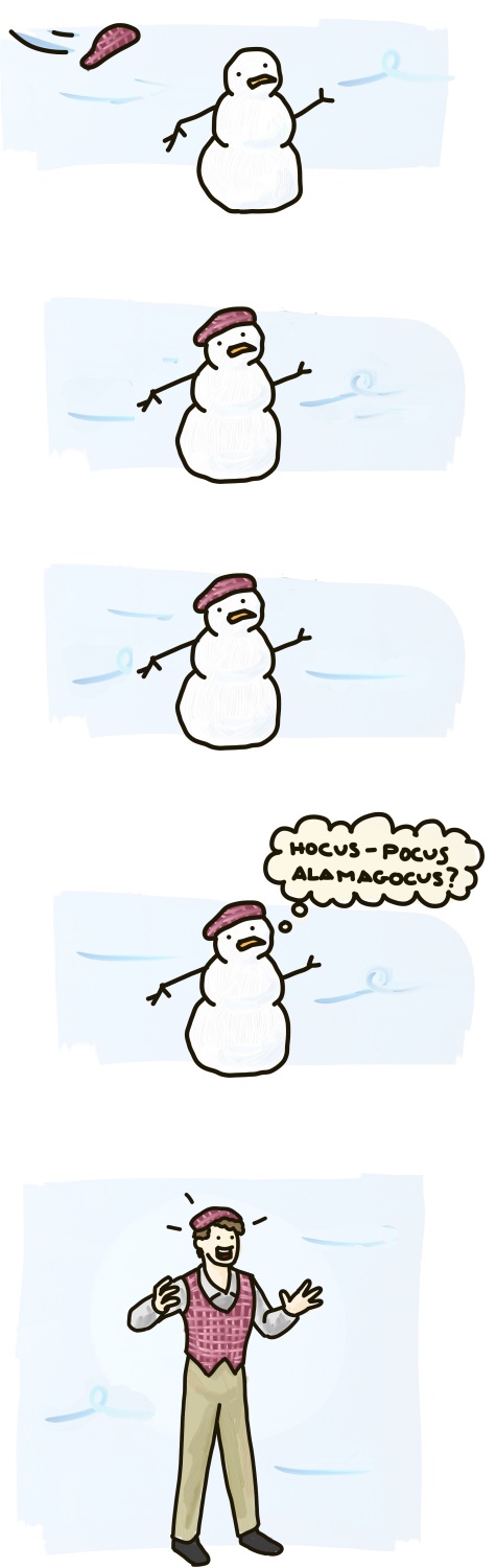A hat blows onto a snowman, who decides to utter the magic words: