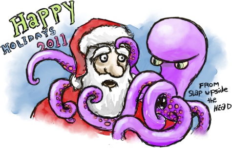 Santa claus being attacked by a large octopus.