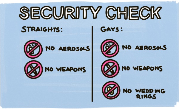 Airport Security Check. Straights: No Aerosols, No Weapons. Gays: No Aerosols, No Weapons, No Wedding Rings.