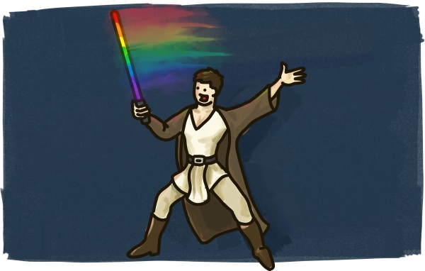 A gay star wars character waves a rainbow lightsabre through the air to create a rainbow.