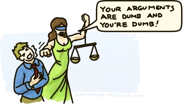 Lady justice punches a man in the face: