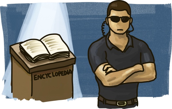 A man dressed in black guards an encyclopedia.
