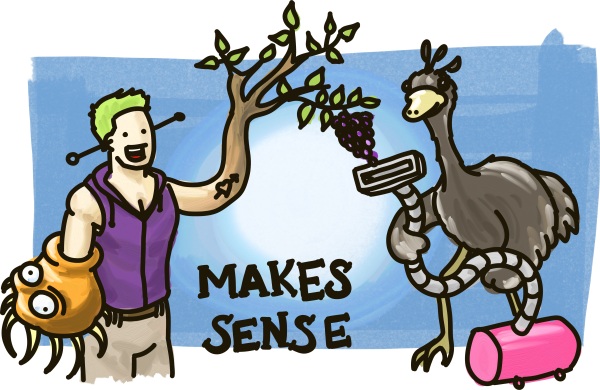 A man with green hair, being eaten by an alien, holds his grape-producing tree-like arm in the air so an ostrich with a vacuum cleaner can suck up the grapes.