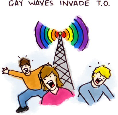 A radio tower emits rainbow waves as people run in horror.