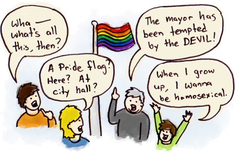 A town gathers around a Pride flag, pondering at how the mayor was tempted by the devil.