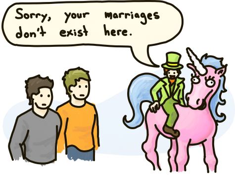 A leprechaun riding a unicorn declares that same-sex marriages aren't real.