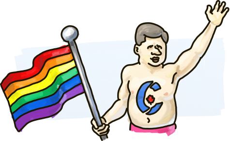 Stephen Harper marches at a gay pride parade shirtless.
