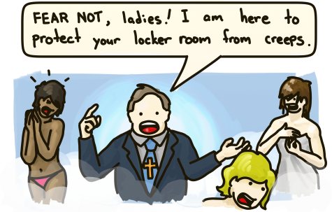 Charles McVety stands in the middle of a ladies locker room, announcing he's there to protect ladies from creeps.