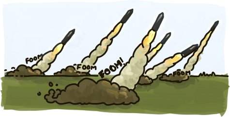 Several missiles launch into the sky.