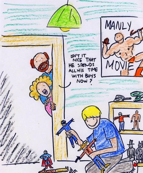 A boy plays around with homoerotic action figures while his parents feel relieved that he's finally playing with boys stuff.