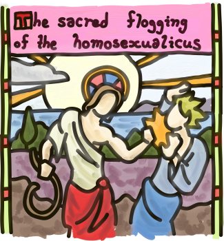 A stained glass image depicts the sacred flogging of the homosexualicus.