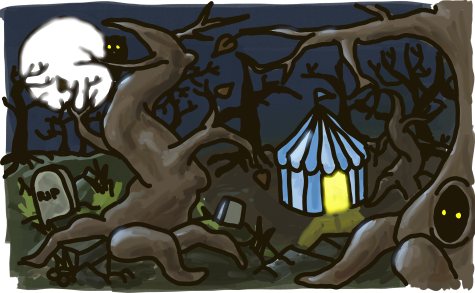 A blue tent sits in the middle of a very scary forest