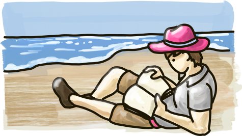 Dr. Flamingo Jones reads a book on the beach.