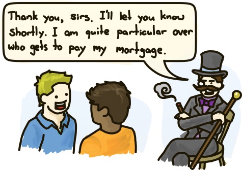 A landlord with a cigar, monocle, and top hat, addresses his gay, potential clients: