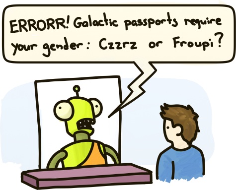 A man sits at a Galactic Passport office.
