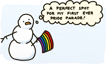 A snowman stands outside with a Pride flag: